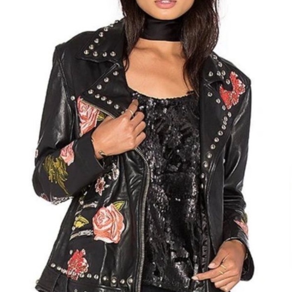 LPA Black and Pink Leather Moto Jacket with Floral Embroidery